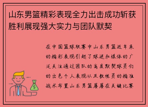 山东男篮精彩表现全力出击成功斩获胜利展现强大实力与团队默契