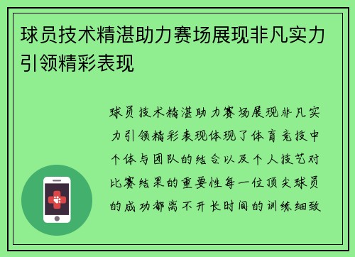 球员技术精湛助力赛场展现非凡实力引领精彩表现