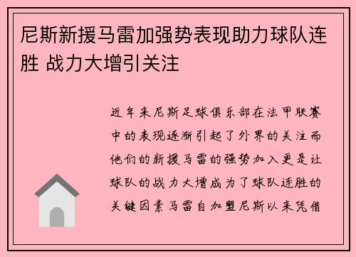 尼斯新援马雷加强势表现助力球队连胜 战力大增引关注