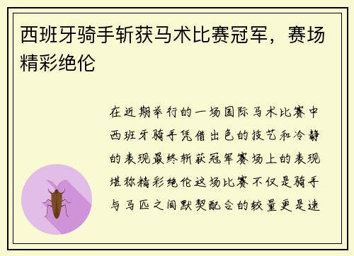 西班牙骑手斩获马术比赛冠军，赛场精彩绝伦