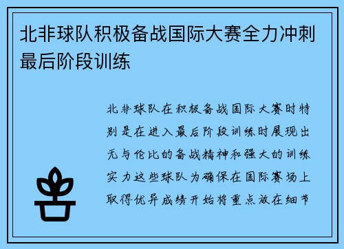 北非球队积极备战国际大赛全力冲刺最后阶段训练