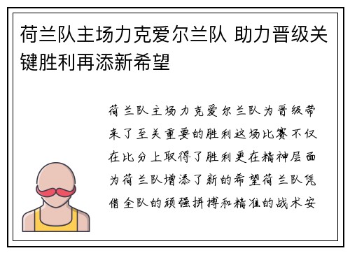 荷兰队主场力克爱尔兰队 助力晋级关键胜利再添新希望