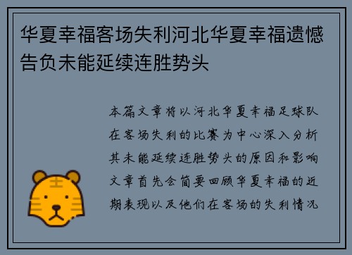 华夏幸福客场失利河北华夏幸福遗憾告负未能延续连胜势头